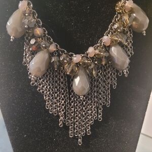 Lia Sophia Necklace Beaded Bib Fringe Pendant Gray Green Beads Gunmetal Chains
